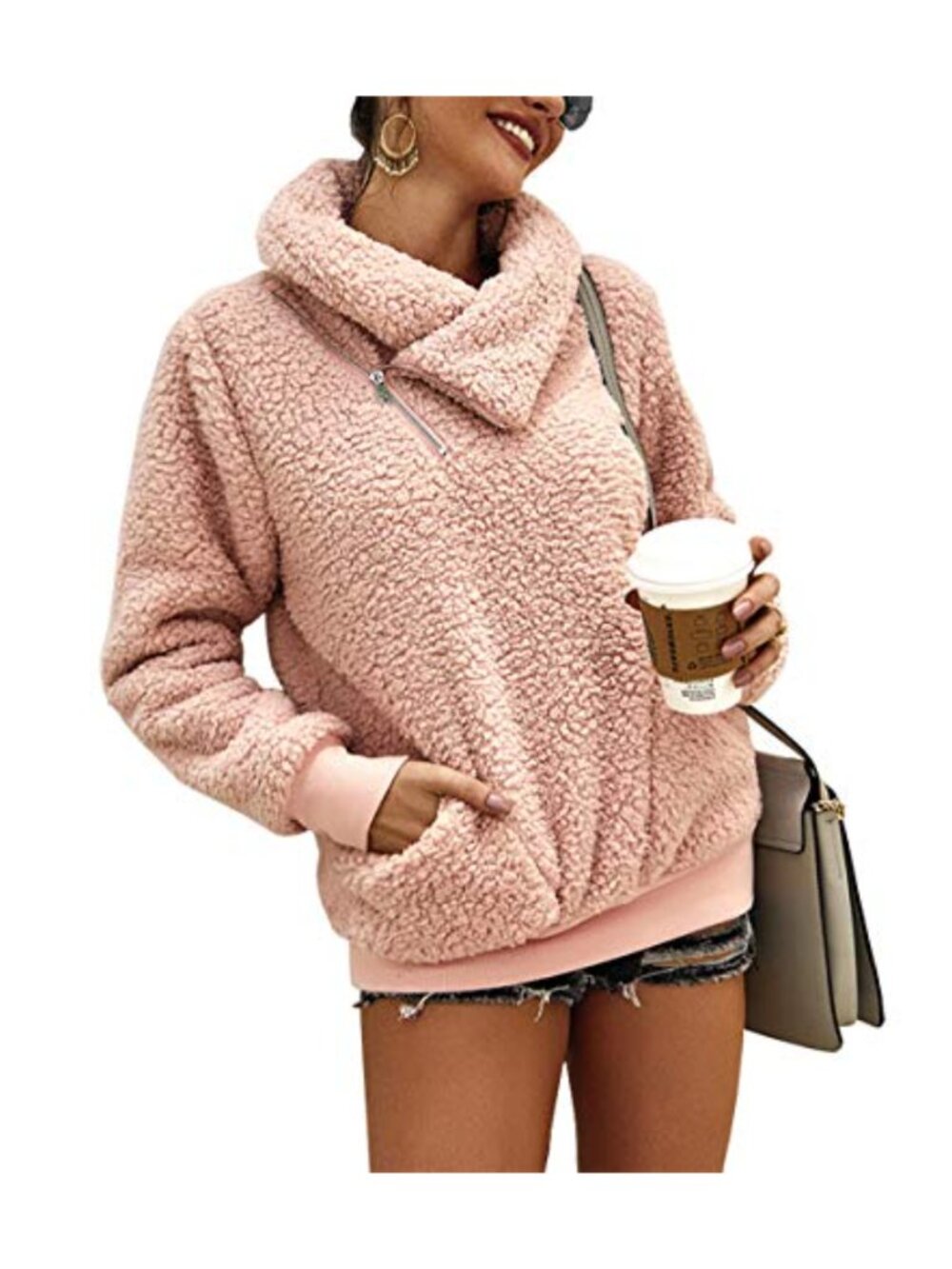 Faux Shearling Shaggy Zip Up Sweatshirt with Pockets Warm Winter Pullover